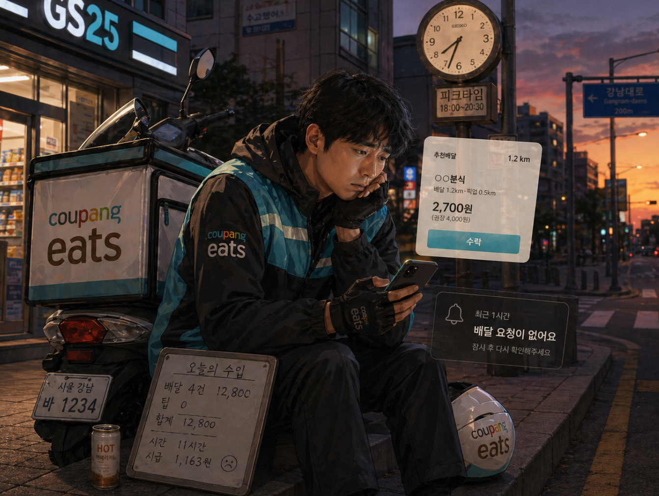 배달라이더가 콜을 기다리느라 앉아있는 사진