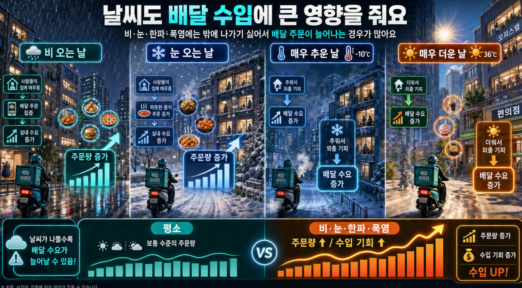 배달할 때 날씨에 따라서 수입의 차이가 크다는 걸 설명하는 사진
