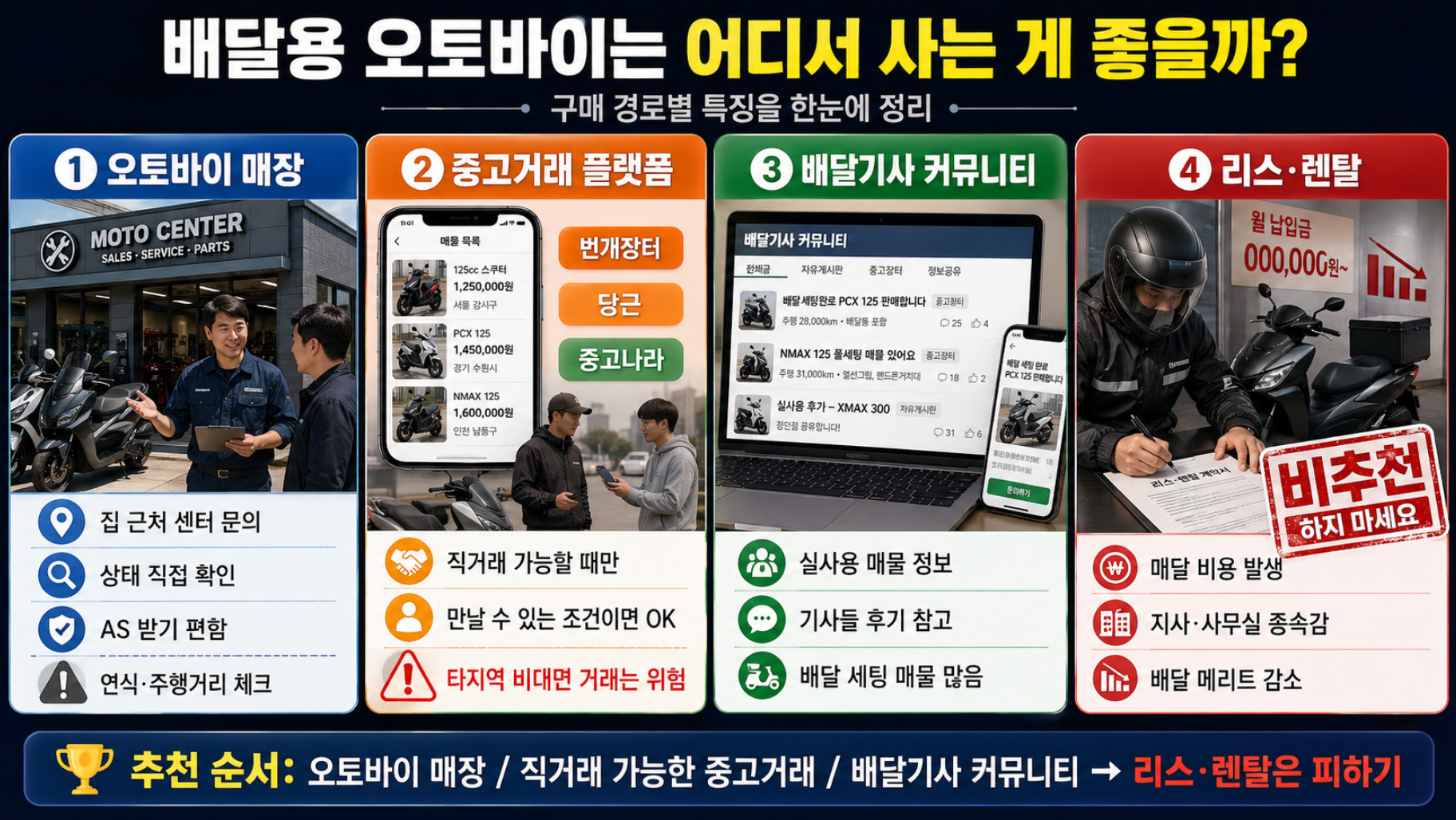 배달오토바이 구매하는 채널 4개 오토바이 매장,중고거래플랫폼, 커뮤니티, 리스 및 렌탈