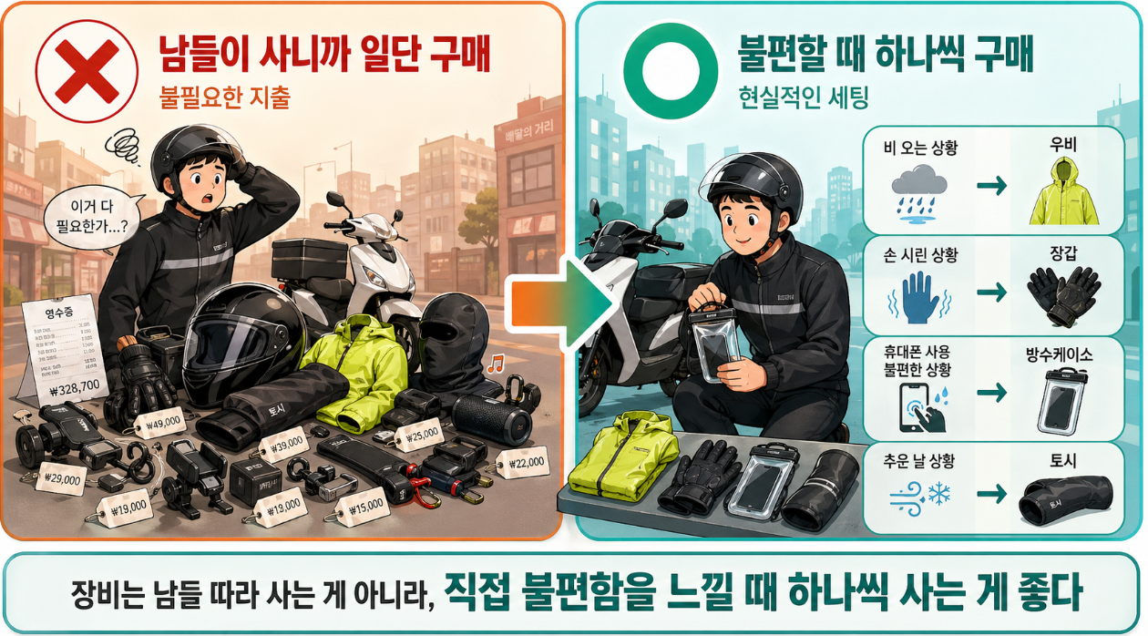 배달 대행 준비물은 한번에 다 구매할 필요가 없다는 설명사진