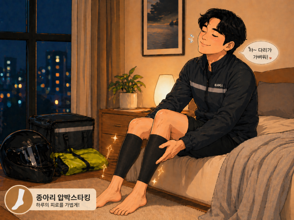 배달 후 압박스타킹을 하면 편하다고 알려주는 사진