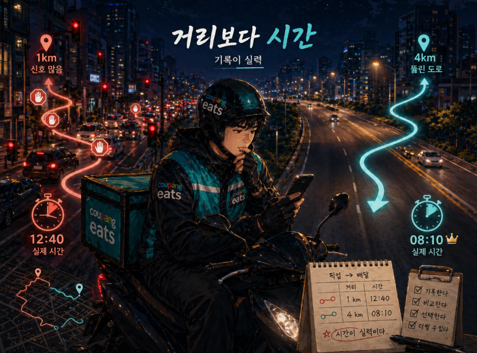 신호가 많은 짧은 거리와 뚫린 장거리 배달을 비교하며 실제 소요시간을 기록하는 라이더