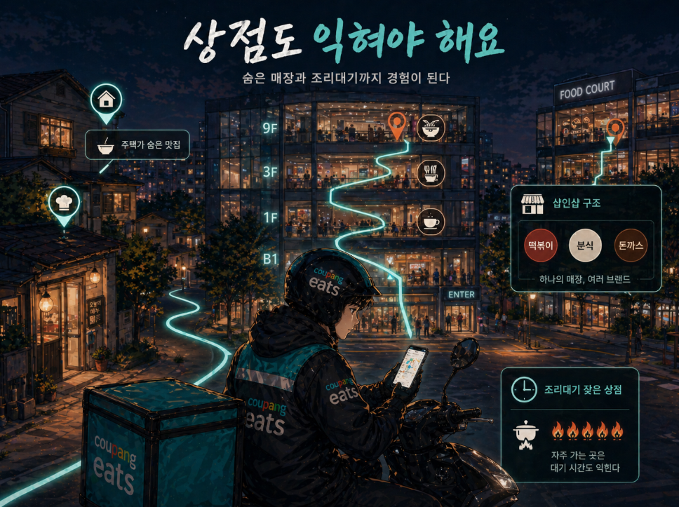 숨은 음식점, 샵인샵 매장, 고층 상점 위치와 조리대기 시간을 익히는 배달파트너