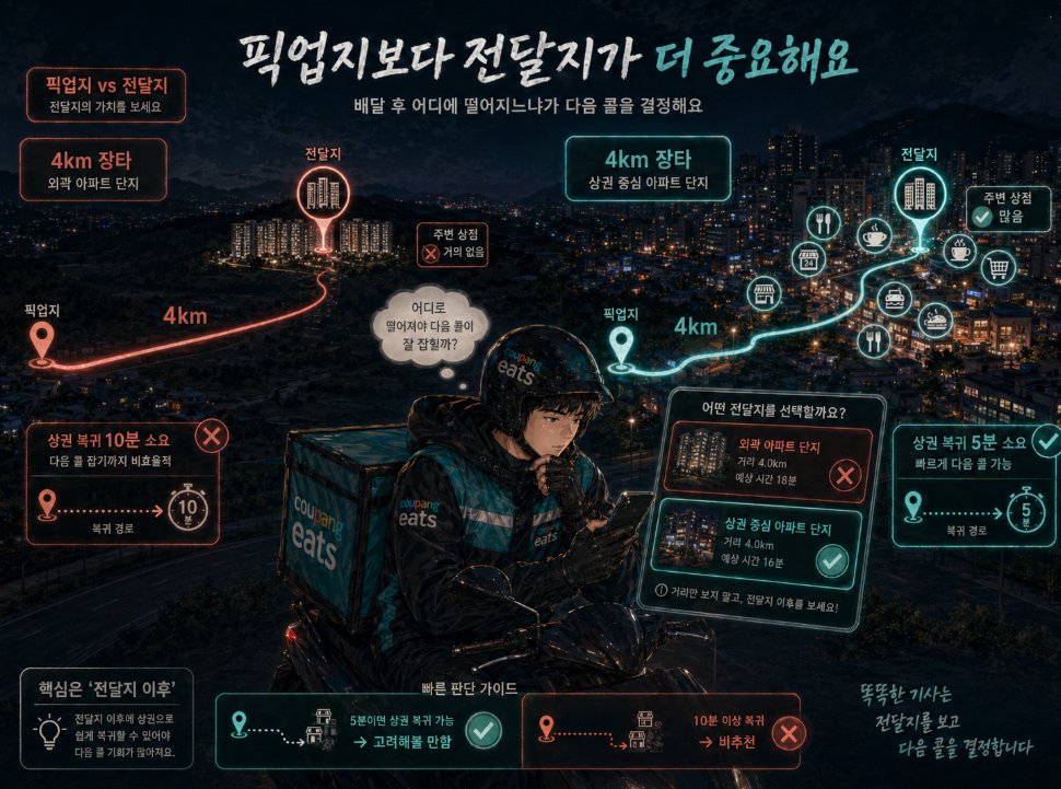 배달 후 다음 콜을 잡기 쉬운 상권 중심 전달지와 외곽 전달지를 비교하는 이미지