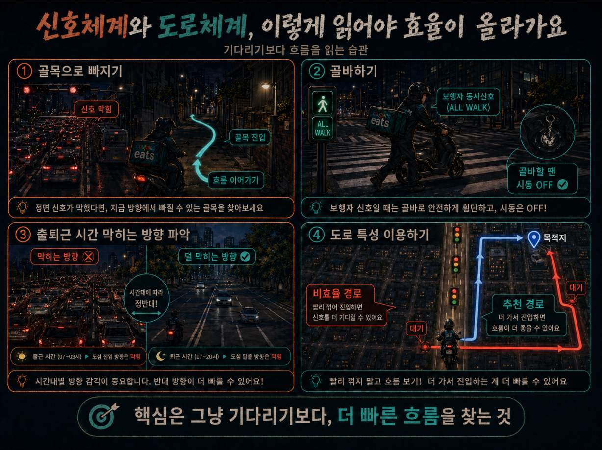 배달 라이더가 골목길, 끌바, 출퇴근 방향, 도로 특성을 활용해 더 빠른 동선을 찾는 방법