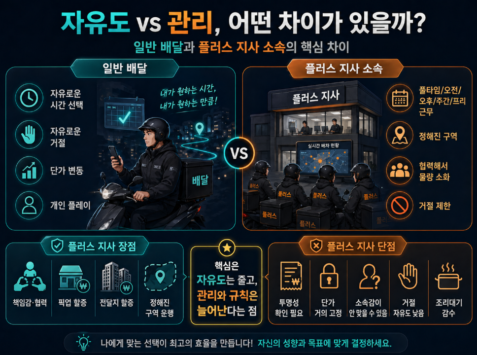 일반 배달과 플러스 지사 소속 배달의 자유도, 관리 방식, 장점과 단점을 비교한 이미지