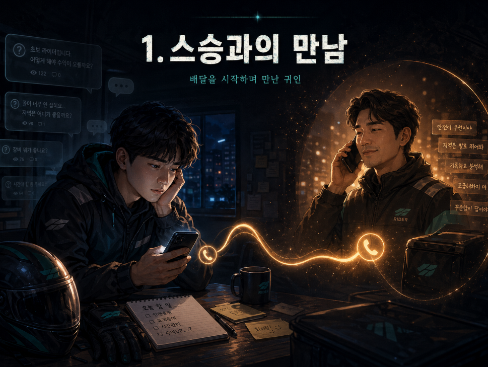 초보 배달파트너가 배달 일을 시작하며 멘토를 만나 조언을 받는 모습