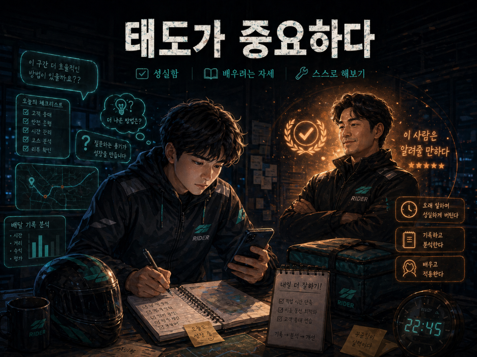 배달 라이더가 기록하고 배우려는 태도로 성장하는 과정을 표현한 이미지