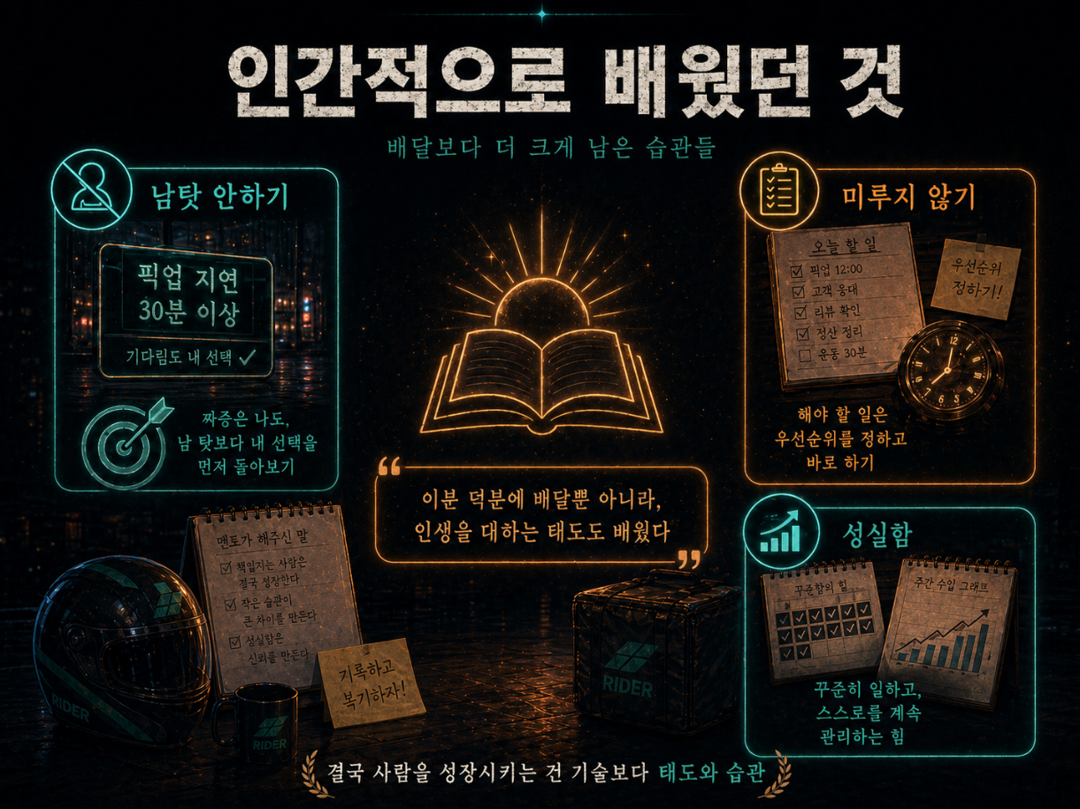 남탓하지 않기, 미루지 않기, 성실함 등 좋은 습관의 중요성을 보여주는 이미지