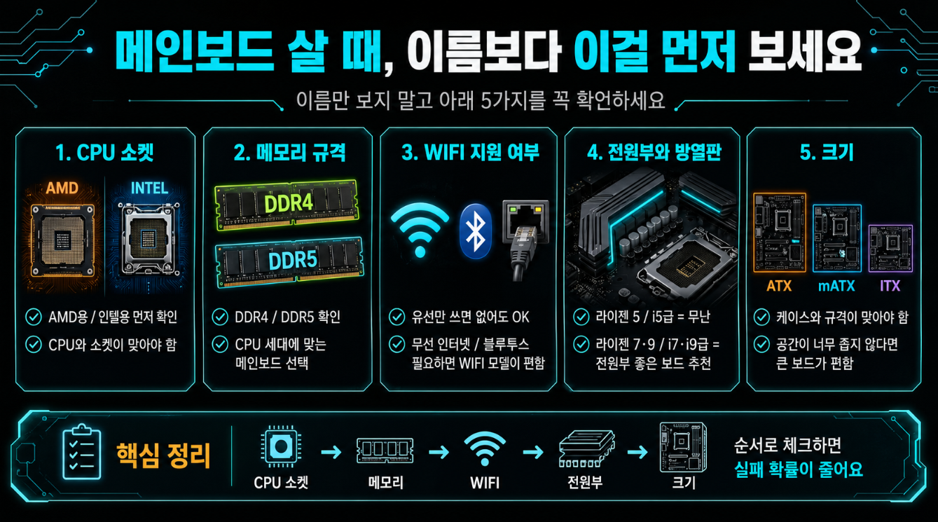 메인보드 구매 전 CPU 소켓, 메모리 규격, WIFI 지원 여부, 전원부와 방열판, 보드 크기를 확인해야 한다는 내용을 정리한 이미지