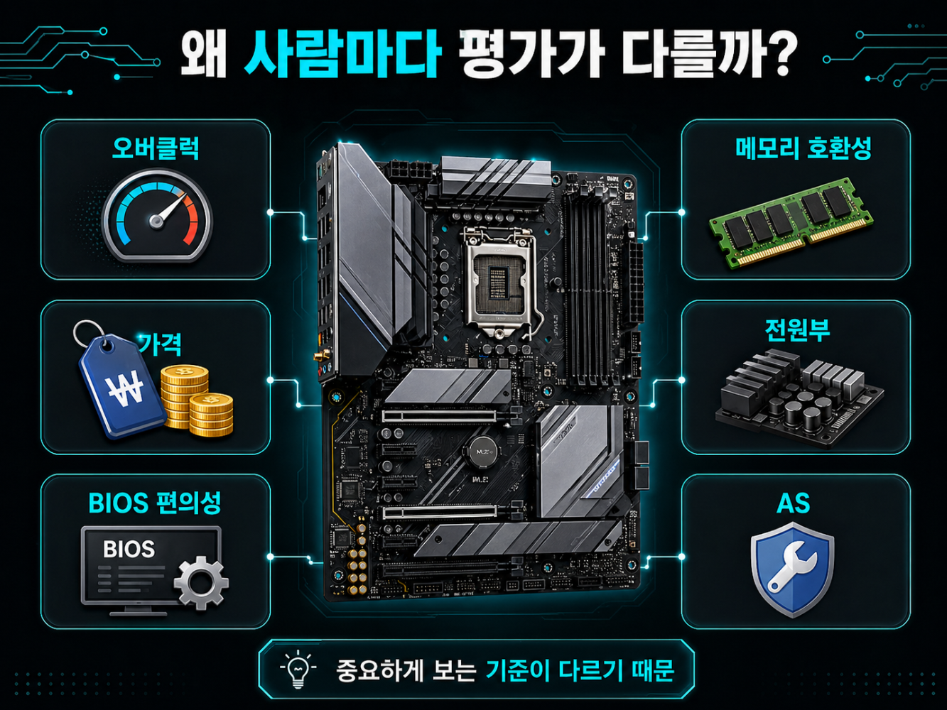 메인보드 제조사 평가가 오버클럭, 가격, BIOS 편의성, 메모리 호환성, 전원부, AS 등 중요하게 보는 기준에 따라 달라진다는 점을 설명한 이미지
