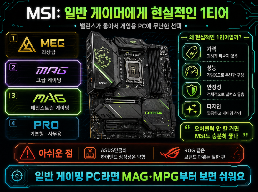 MSI 메인보드가 MEG, MPG, MAG, PRO 라인업을 갖추고 있으며 일반 게이머에게 가격, 성능, 안정성의 균형이 좋은 현실적인 1티어라는 점을 설명한 이미지