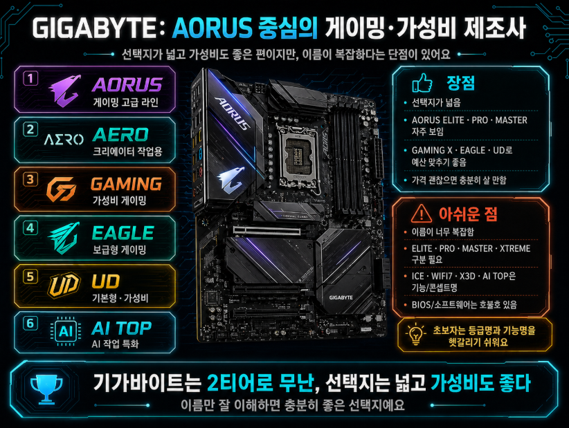 GIGABYTE 메인보드가 AORUS, AERO, GAMING, EAGLE, UD, AI TOP 등 다양한 라인업을 갖춘 가성비 제조사이지만 이름 체계가 복잡하다는 점을 정리한 이미지