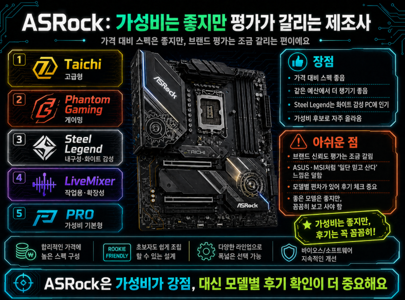 ASRock 메인보드가 Taichi, Phantom Gaming, Steel Legend, LiveMixer, PRO 라인업을 바탕으로 가성비가 좋지만 브랜드 평가와 모델별 평가는 다소 갈릴 수 있다는 점을 설명한 이미지