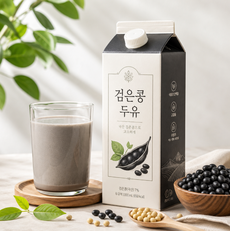 검은콩 두유팩과 유리잔, 검은콩과 콩잎이 함께 놓인 검은콩 두유 이미지