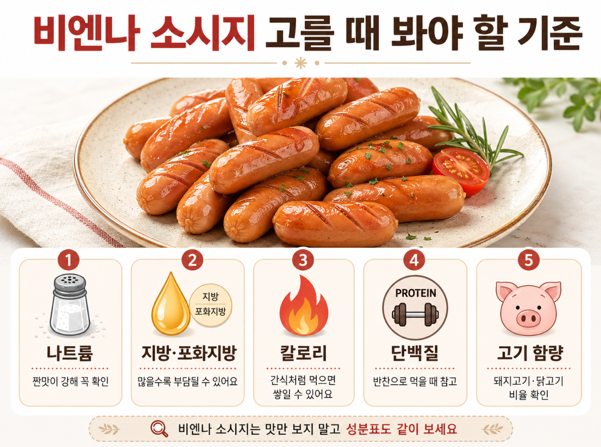 비엔나 소시지를 고를 때 나트륨, 지방, 칼로리, 단백질, 고기 함량을 확인해야 한다는 기준 이미지