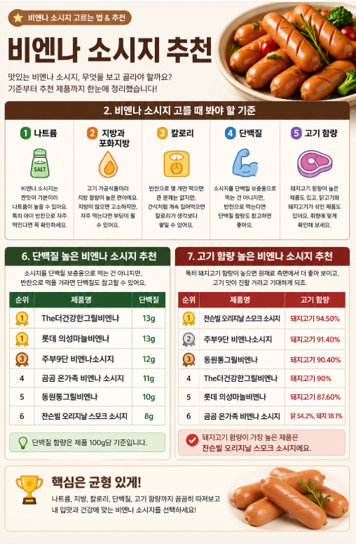 쟌슨빌 오리지날 스모크 소시지, 주부9단 비엔나소시지, 동원통그릴비엔나 등 비엔나 소시지 6종의 고기 함량 비교 이미지