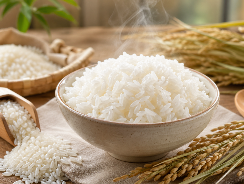 윤기 나는 흰쌀밥과 쌀알, 벼 이삭이 함께 놓인 맛있는 쌀 이미지