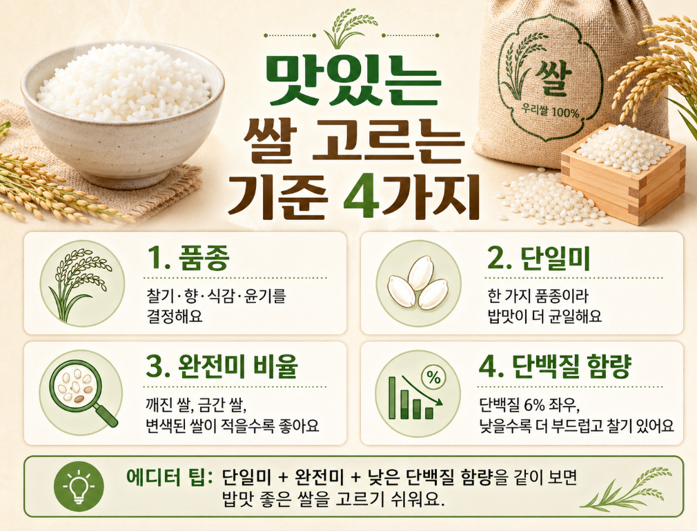 맛있는 쌀을 고를 때 품종, 단일미, 완전미 비율, 단백질 함량을 확인해야 한다는 기준 이미지