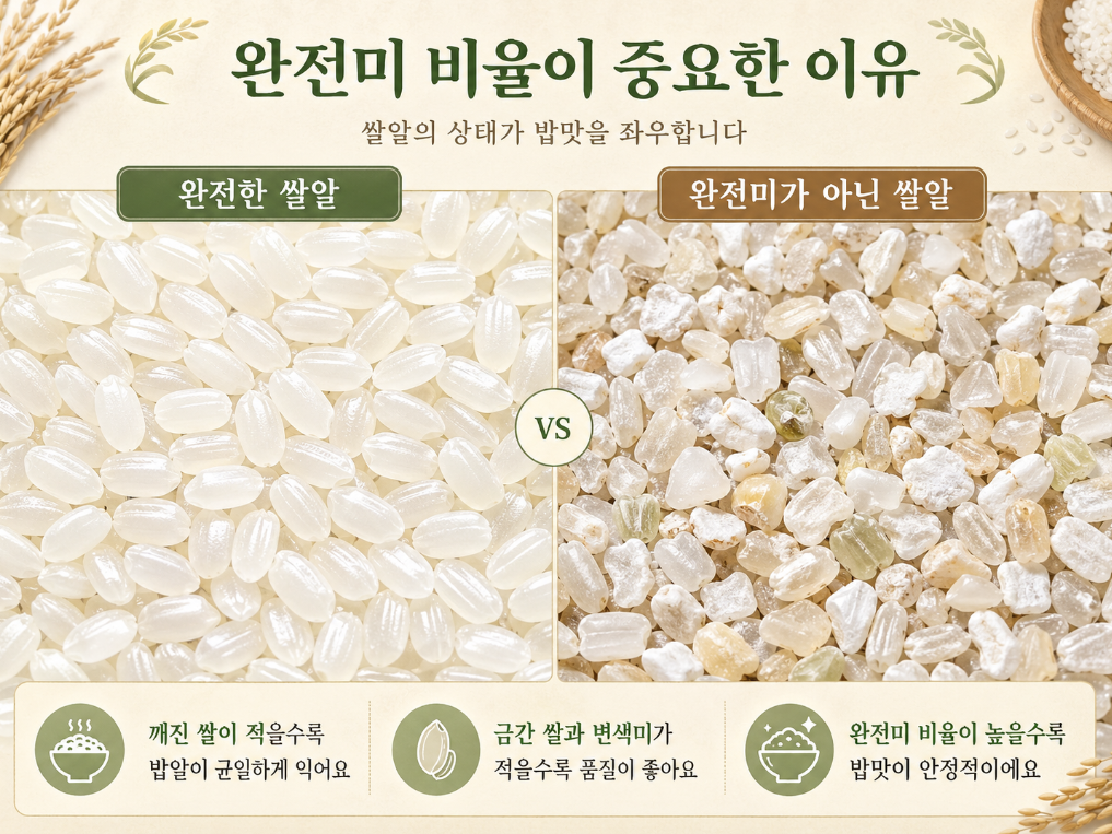 완전한 쌀알과 깨진 쌀알, 금간 쌀알, 변색된 쌀알을 비교해 완전미 비율의 중요성을 설명한 이미지
