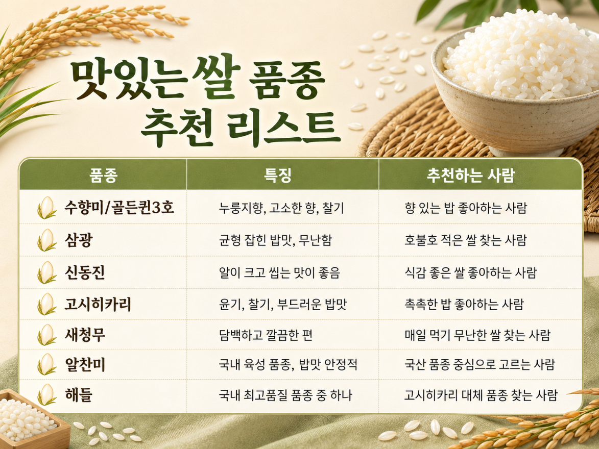 수향미, 삼광, 신동진, 고시히카리, 새청무, 알찬미, 해들 등 맛있는 쌀 품종 추천 리스트 이미지