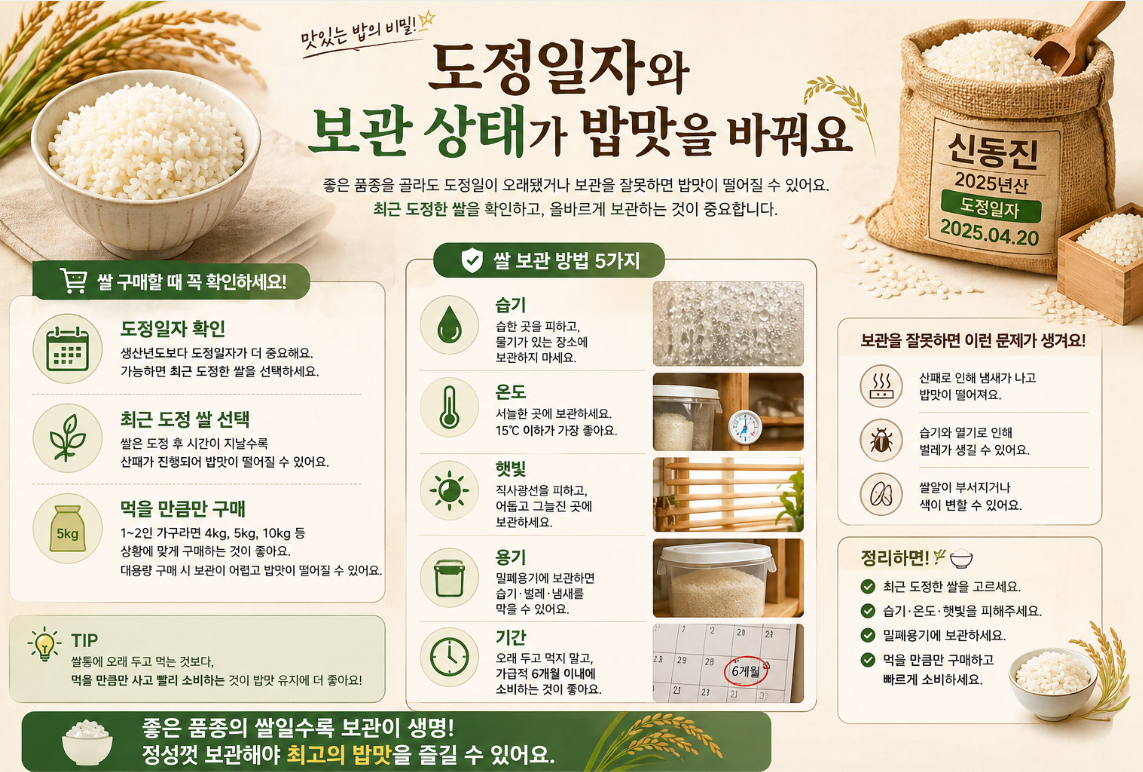 쌀 도정일자 확인과 습기, 온도, 햇빛, 밀폐용기, 보관 기간 등 쌀 보관 방법을 정리한 이미지